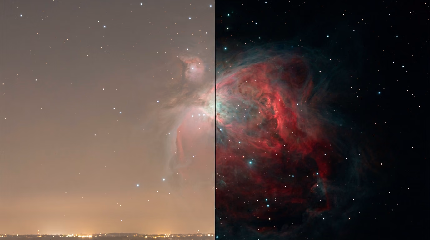 AI-generated illustration as a split image: on the left the same nebula pale in an orange-gray, light-polluted sky, on the right high in contrast in red and blue-green through a narrowband filter.