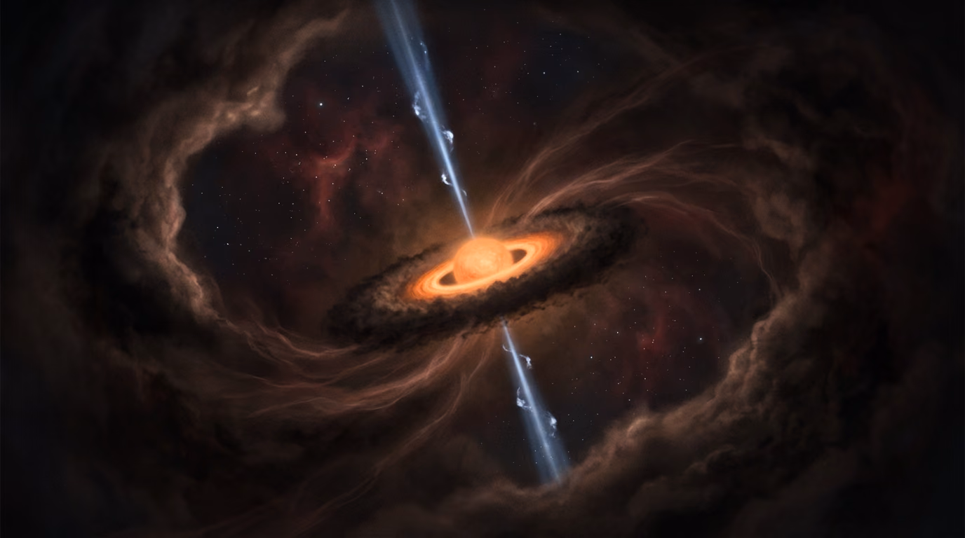 AI-generated illustration of a protostar: a glowing orange disk with a dark dust rim inside a cavity of dark clouds, and perpendicular to it two collimated blue-white jets.